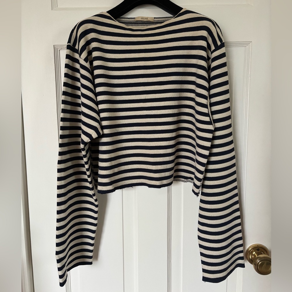 Céline Navy and Cream Striped Women's Long sleeve Knit Top